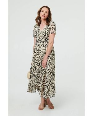 Izabel London Printed Ruched Front V-Neck Midi Dress - White