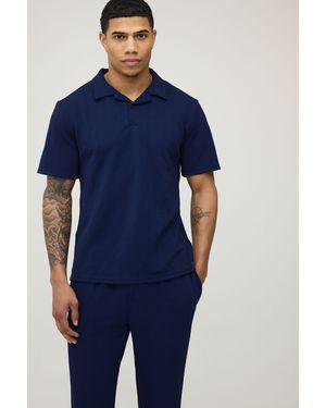 BoohooMAN Short Sleeve Jersey Herringbone Polo Shirt & Tapered Trouser Set - Blue