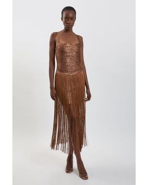 Karen Millen Foil Metallic Figure Form Bandage Fringed Knit Maxi Dress - Brown