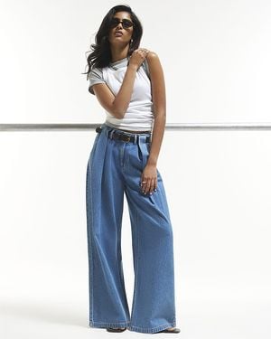 River Island Wide Leg Jeans Belted Pleated Cotton - Blue
