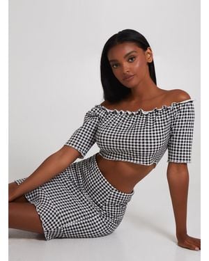 Pink Vanilla Frill Detail Gingham Bardot Top - Grey