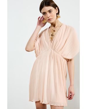 French Connection Light Plisse V-Neck Ruched Short Sleeve Mini Dress - Natural