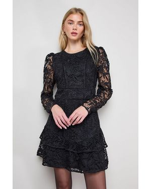 Oasis Lace Trim Detail Tiered Fluted Sleeve Mini Dress - Black