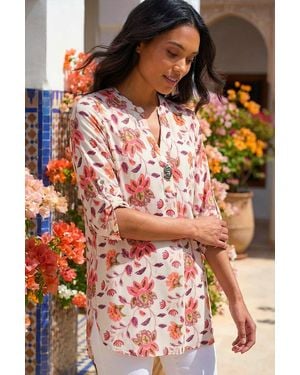 Roman Floral Print Button V-Neck Tunic Top - Red