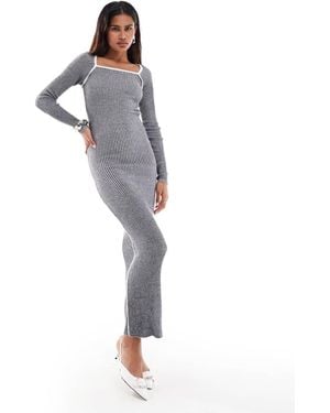 Something New Corpcore Ribbed Long Sleeve Maxi Dress With Contrast Stitch - Grey
