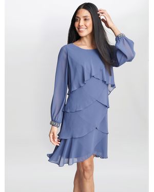 Gina Bacconi Sakura Long Sleeved Tiered Dress With Rhinestone Beading - Blue