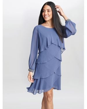 Gina Bacconi Sakura Long Sleeved Tiered Dress With Rhinestone Beading - Blue