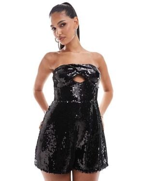 ASOS Sheer Sequin Twist Detail Bandeau Playsuit - Black