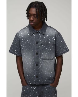 BoohooMAN Washed Rhinestone Boxy Oversized Revere Denim Shirt - Grey