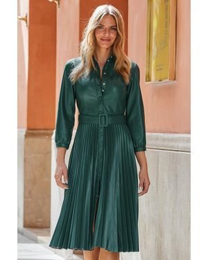 Sosandar Dark Faux Leather Pleated Midi Dress - Green