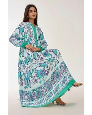 Hiccup Printed Long Sleeve Viscose Maxi Dress - Blue
