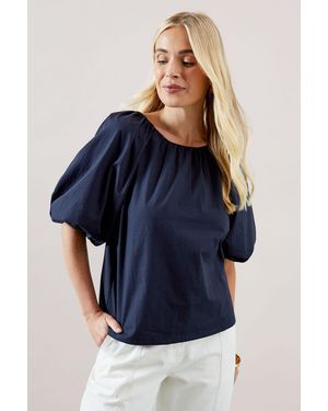 Wallis Petite Puff Sleeve Cotton Poplin Top - Blue
