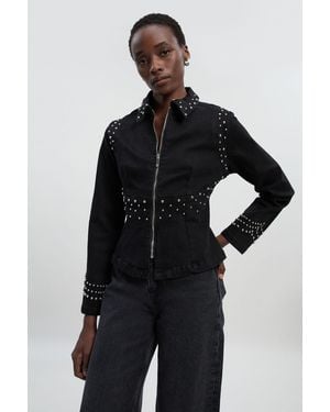 Karen Millen Denim Placed Stud Zip Through Collared Jacket - Black