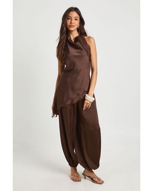 Boohoo Lace Cowl Asymmetric Top - Brown