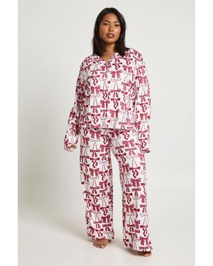 Boohoo Plus Bows Print Long Sleeve Shirt & Trouser Pyjama Set - Red