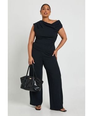 Boohoo Plus Ribbed Asymmetric Top And Wide Leg Trouser - Blue
