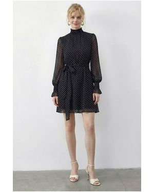 Bianco Lucci Polka Dot Half Turtleneck Mini Dress With Belt - Black