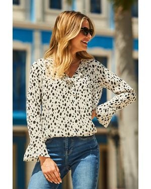 Sosandar Ivory & Fleck Print Ruffle Detail Blouse - Blue