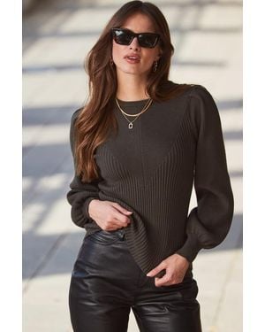 Sosandar Khaki Blouson Sleeve Ribbed Jumper - Green