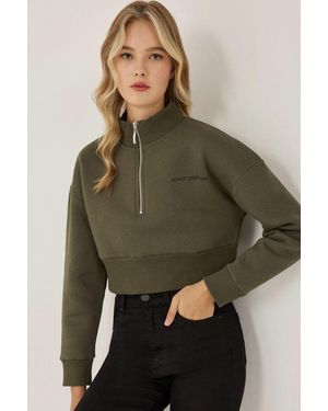 Hiccup Zipper Collar Crop Slogan Sweatshirt - Green