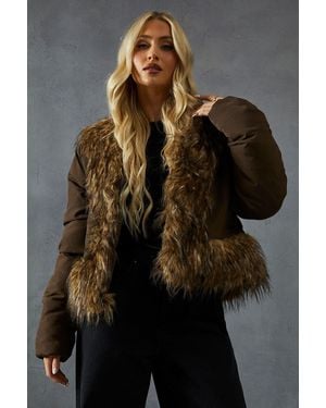 MissPap Faux Fur Trim Puffer Coat - Brown