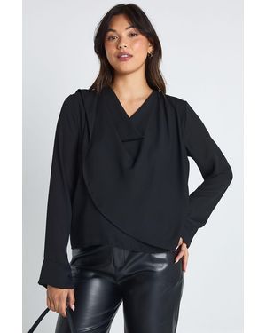 Boohoo Chiffon Cowl Front Shoulder Pad Blouse - Black