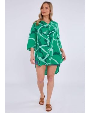Gini London Linen Abstract Print Mini Shirt Dress - Green