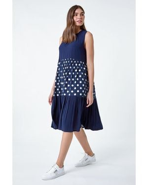 Roman Polka Dot Print Panel Smock Dress - Blue