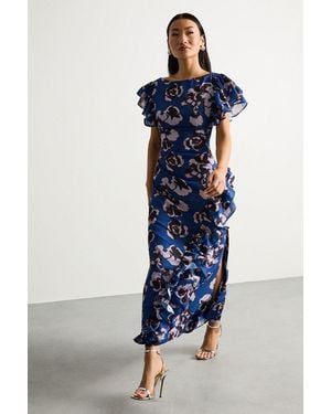 Warehouse Petite Printed Side Split Ruffle Detail Maxi Dress - Blue