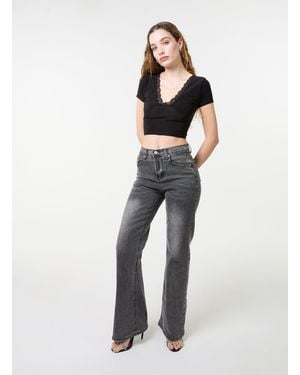 Pink Vanilla Slinky V Neck Top With Lace Trim - Black