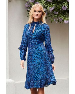 Sosandar Leopard Print Fit & Flare Ruffle Dress - Blue