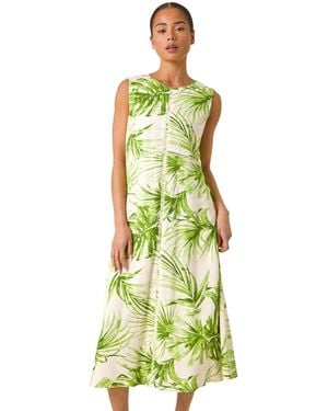 Roman Petite Leaf Print Trim Midi Dress - Green