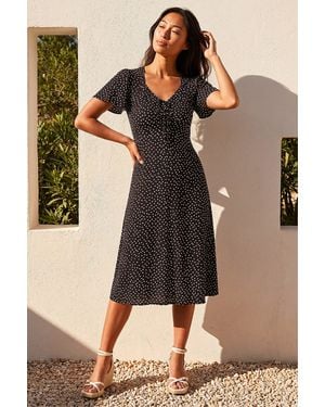 Roman Petite Polka Dot Drawstring Midi Dress - Black