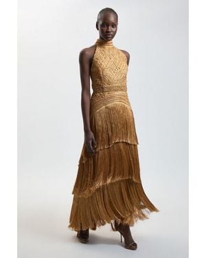 Karen Millen Fringed Beaded Halter Neck Woven Maxi Dress - Natural