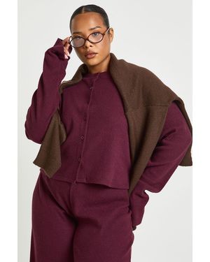 Boohoo Plus Button Front Knitted Soft Rib Top - Purple