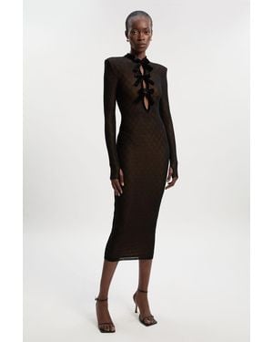 Karen Millen Mesh With Velvet Bow Trim Detail Long Sleeve Midi Dress - Black