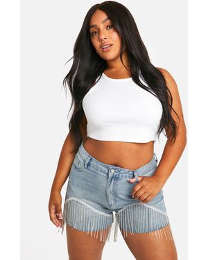 Boohoo Plus Diamante Trim Fray Hem Denim Shorts - Blue