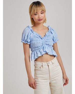 Pink Vanilla Ruched Puff Sleeve Frill Trim Top - Blue