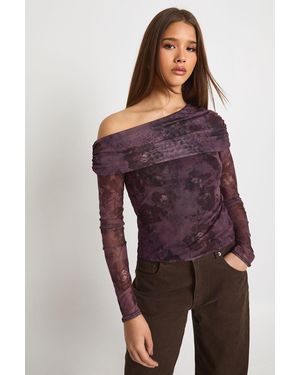 Boohoo Mesh Asymmetric Long Sleeve Top - Red