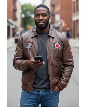 Infinity Leather Flying Bomber Aviator Collar Jacket - Brown