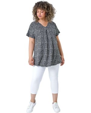 Roman Curve Pleat Front Printed V-Neck Stretch Top - Blue