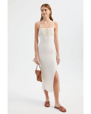 Hiccup Smocked Square Neck Spaghetti Strap Tie Front Midi Dress With A Side Slit - White