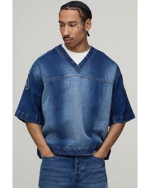 BoohooMAN Oversized Varsity Applique Denim T-Shirt - Blue