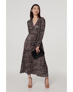 Izabel London Animal Print Pleated Wrap Midi Dress - Black