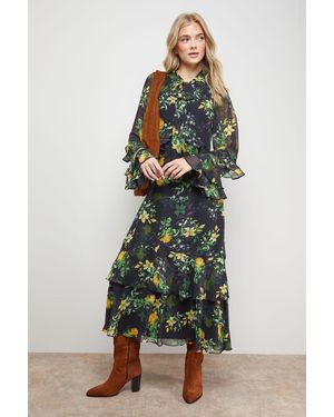 Oasis Printed Tie Neck Ruffle Detail Maxi Dress - Multicolour