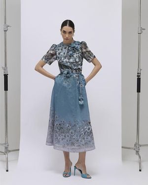 River Island Midi Dress Floral 3D Corsage Short Sleeve - Blue