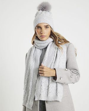 River Island Hat & Scarf Set Diamante 2 Piece - Grey