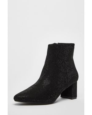 Quiz Faux Suede Diamante Ankle Boot - Black