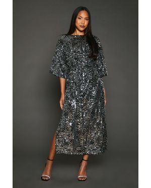 PRINCIPLES Sequin Detail Belted Batwing Midi Dress - Metallic