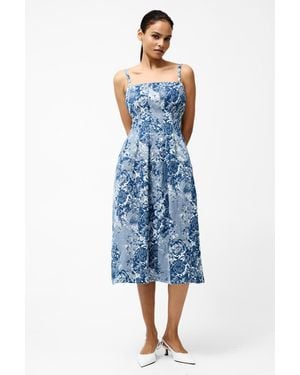 French Connection Light Cotton Blend Sleeveless Jacquard Floral Print Denim Midi Dress - Blue